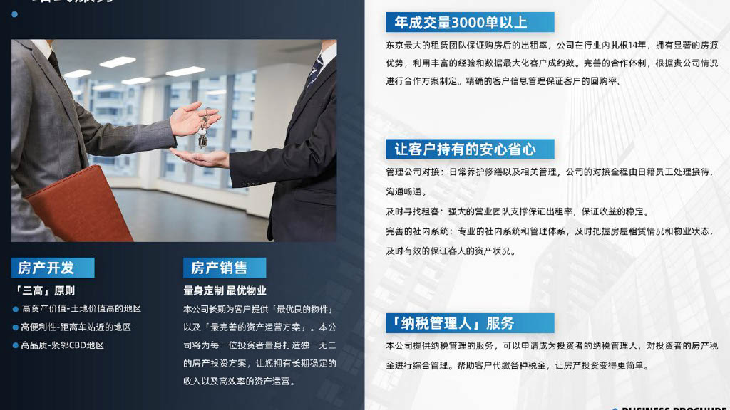 量身定制 最优物业
● 高资产价值-土地价值高的地区
●高便利性-距离车站近的地区
●高品质-紧邻CBD地区
年成交量3000单以上
东京最大的租赁团队保证购房后的出租率,公司在行业内扎根14年,拥有显著的房源
优势,利用丰富的经验和数据最大化客户成约数。完善的合作体制,根据贵公司情况
进行合作方案制定。精确的客户信息管理保证客户的回购率。
让客户持有的安心省心
管理公司对接:日常养护修缮以及相关管理,公司的对接全程由日籍员工处理接待,
沟通畅通。
及时寻找租客:强大的营业团队支撑保证出租率,保证收益的稳定。
完善的社内系统:专业的社内系统和管理体系,及时把握房屋租赁情况和物业状态,
及时有效的保证客人的资产状况。
本公司长期为客户提供「最优良的物件」
以及「最完善的资产运营方案」。本公
司将为每一位投资者量身打造独一无二
的房产投资方案,让您拥有长期稳定的
收入以及高效率的资产运营。